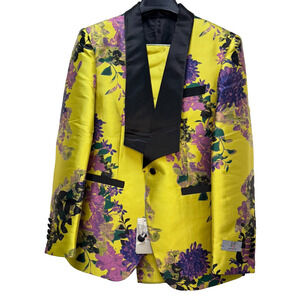 Kent & Park Bright Yellow Purple Floral Tuxedo 40R 2PC M2742 Prom Bold Formal